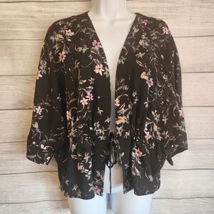 Express Womens Top XS Floral Kimono Topper Layer Drawstring Boho